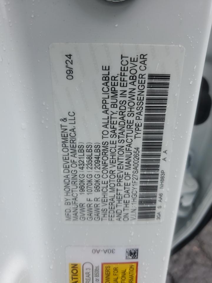 2025 Honda Accord Lx VIN: 1HGCY1F27SA002654 Lot: 84476595