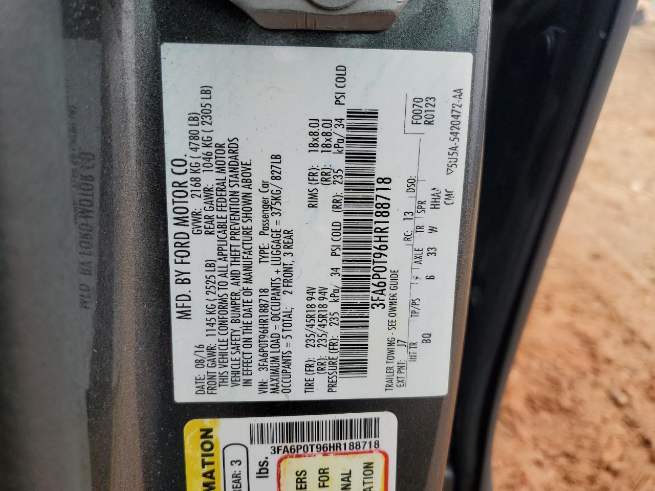 2017 Ford Fusion Se VIN: 3FA6P0T96HR188718 Lot: 90427925