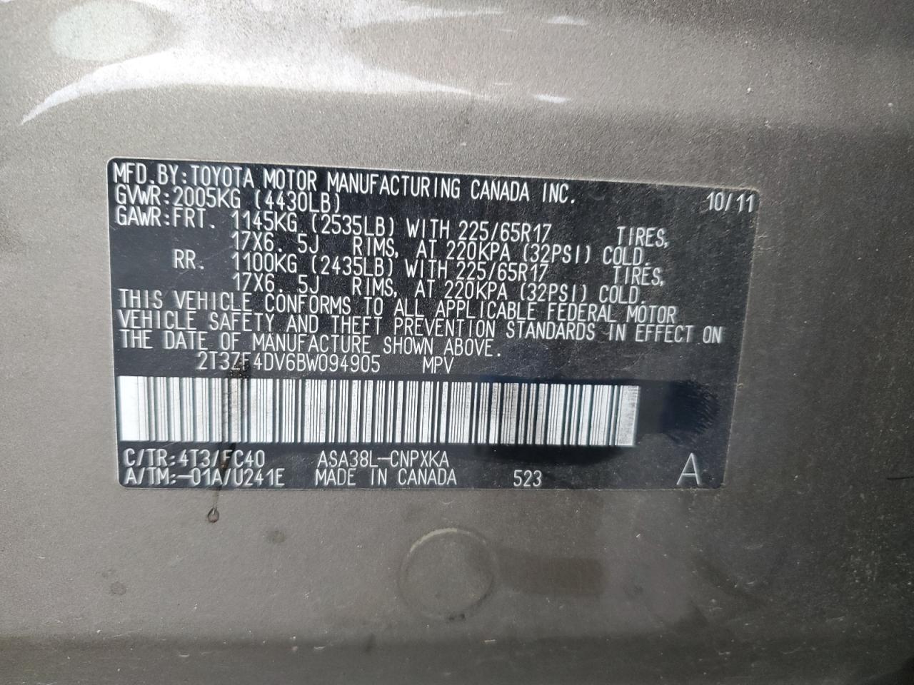 2011 Toyota Rav4 VIN: 2T3ZF4DV6BW094905 Lot: 87412375