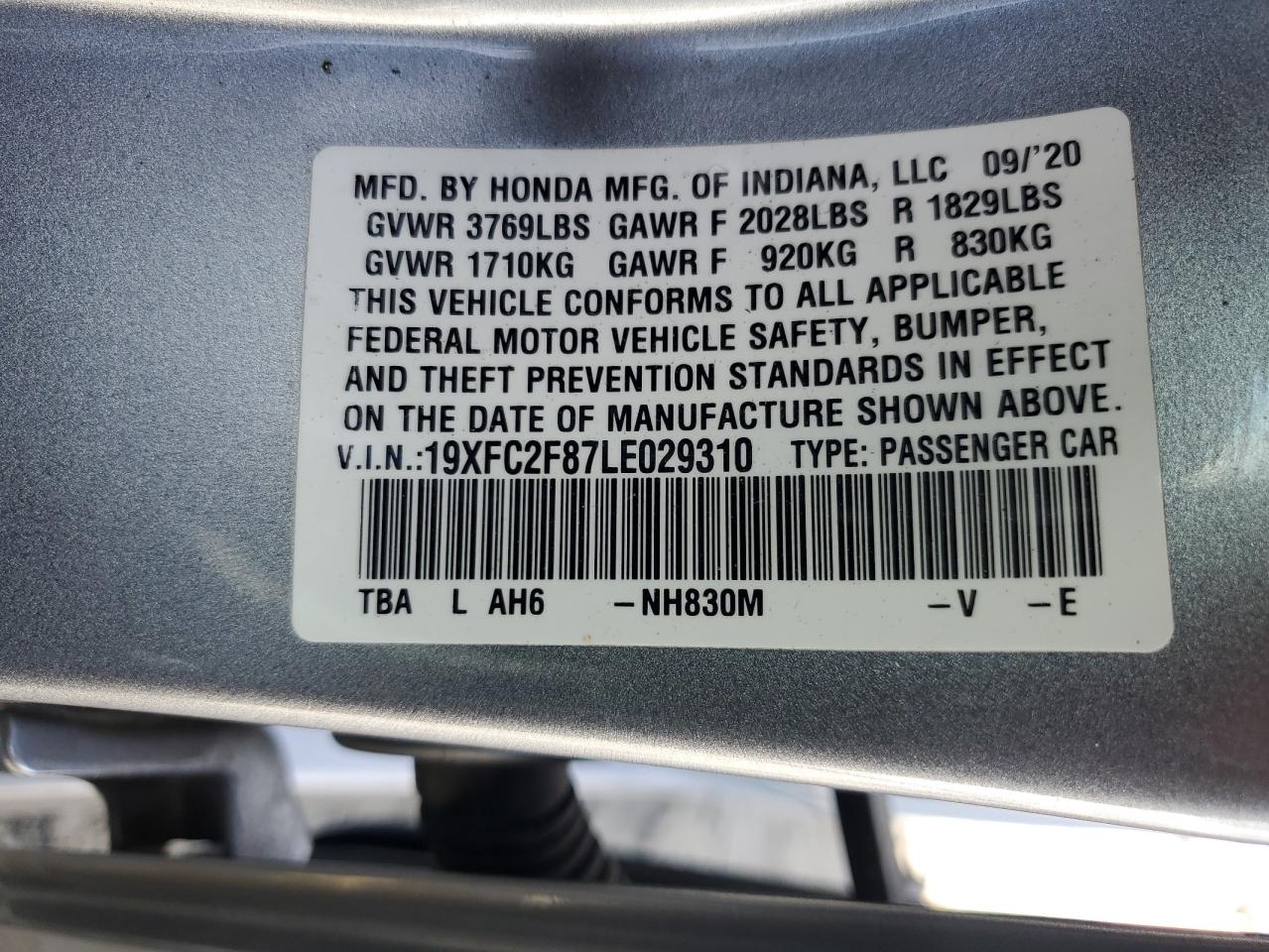 2020 Honda Civic Sport VIN: 19XFC2F87LE029310 Lot: 82320145