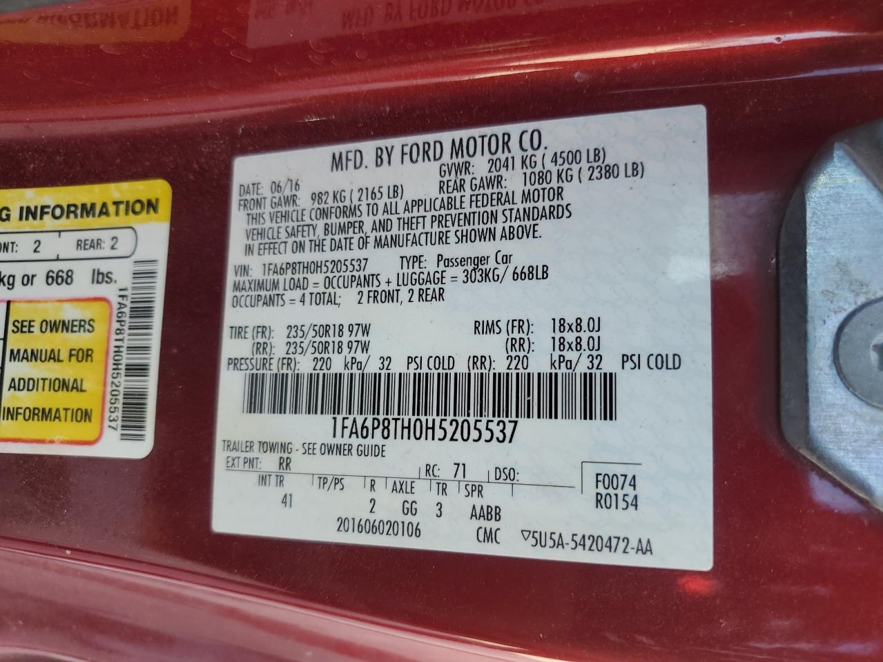 2017 Ford Mustang VIN: 1FA6P8TH0H5205537 Lot: 85675955