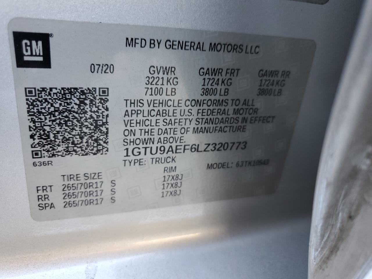 2020 GMC Sierra K1500 VIN: 1GTU9AEF6LZ320773 Lot: 90286085