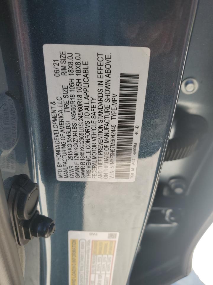 2021 Honda Pilot Exl VIN: 5FNYF5H57MB042445 Lot: 86835425
