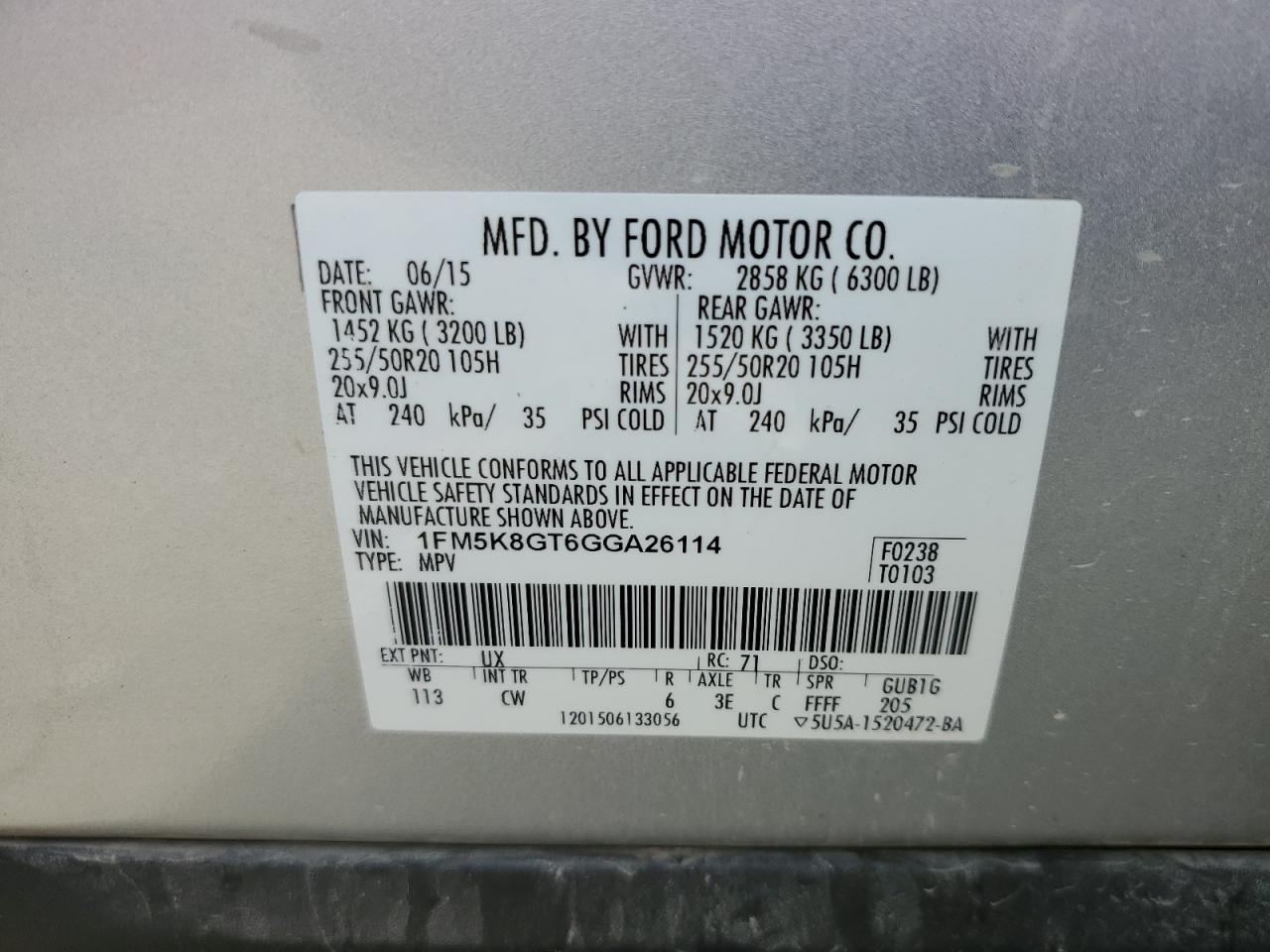 2016 Ford Explorer Sport VIN: 1FM5K8GT6GGA26114 Lot: 84417805