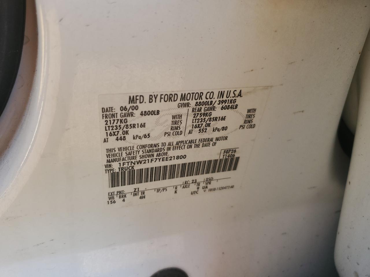 2000 Ford F250 Super Duty VIN: 1FTNW21F7YEE21800 Lot: 85504015