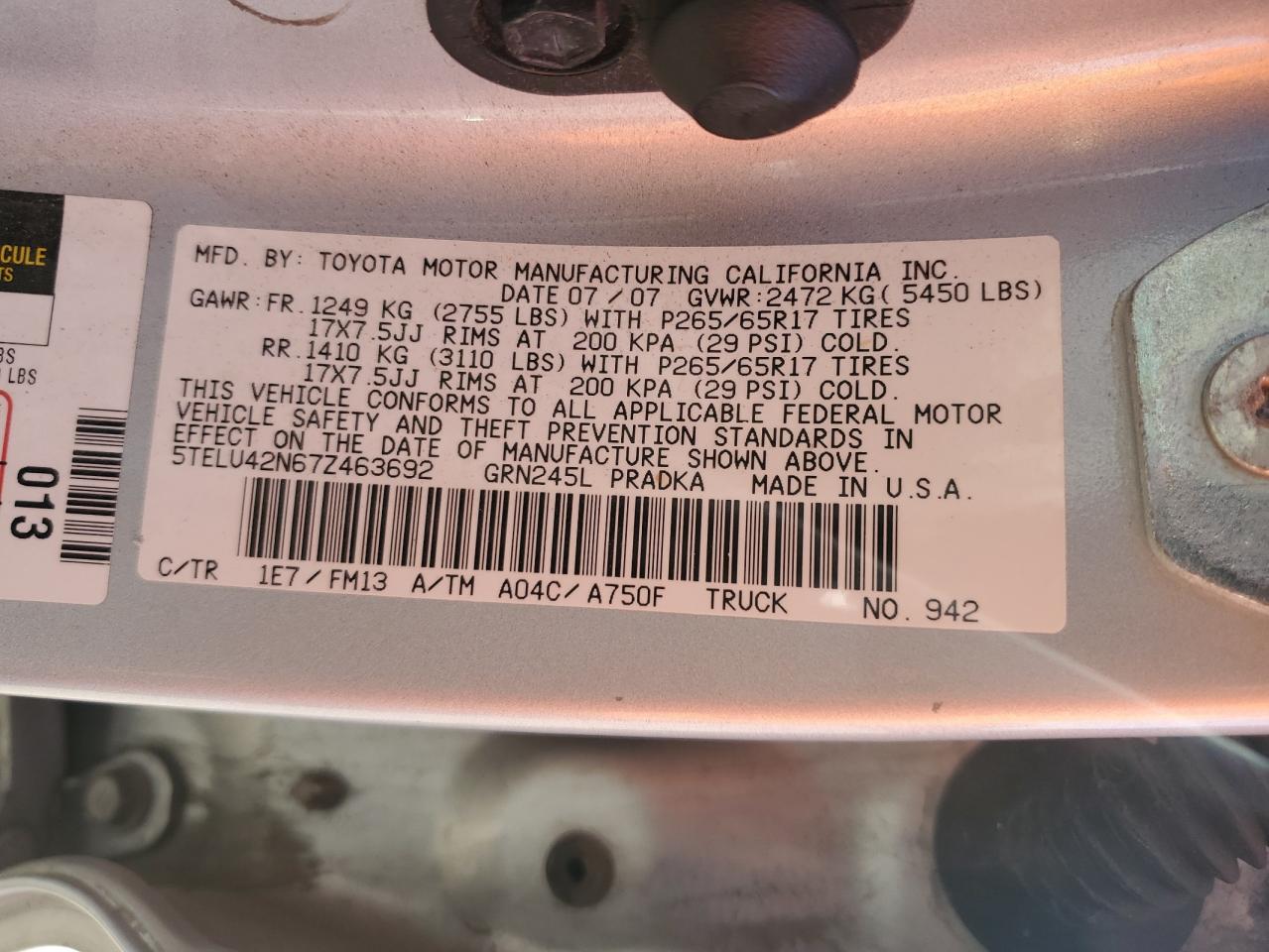 2007 Toyota Tacoma Double Cab VIN: 5TELU42N67Z463692 Lot: 86710905