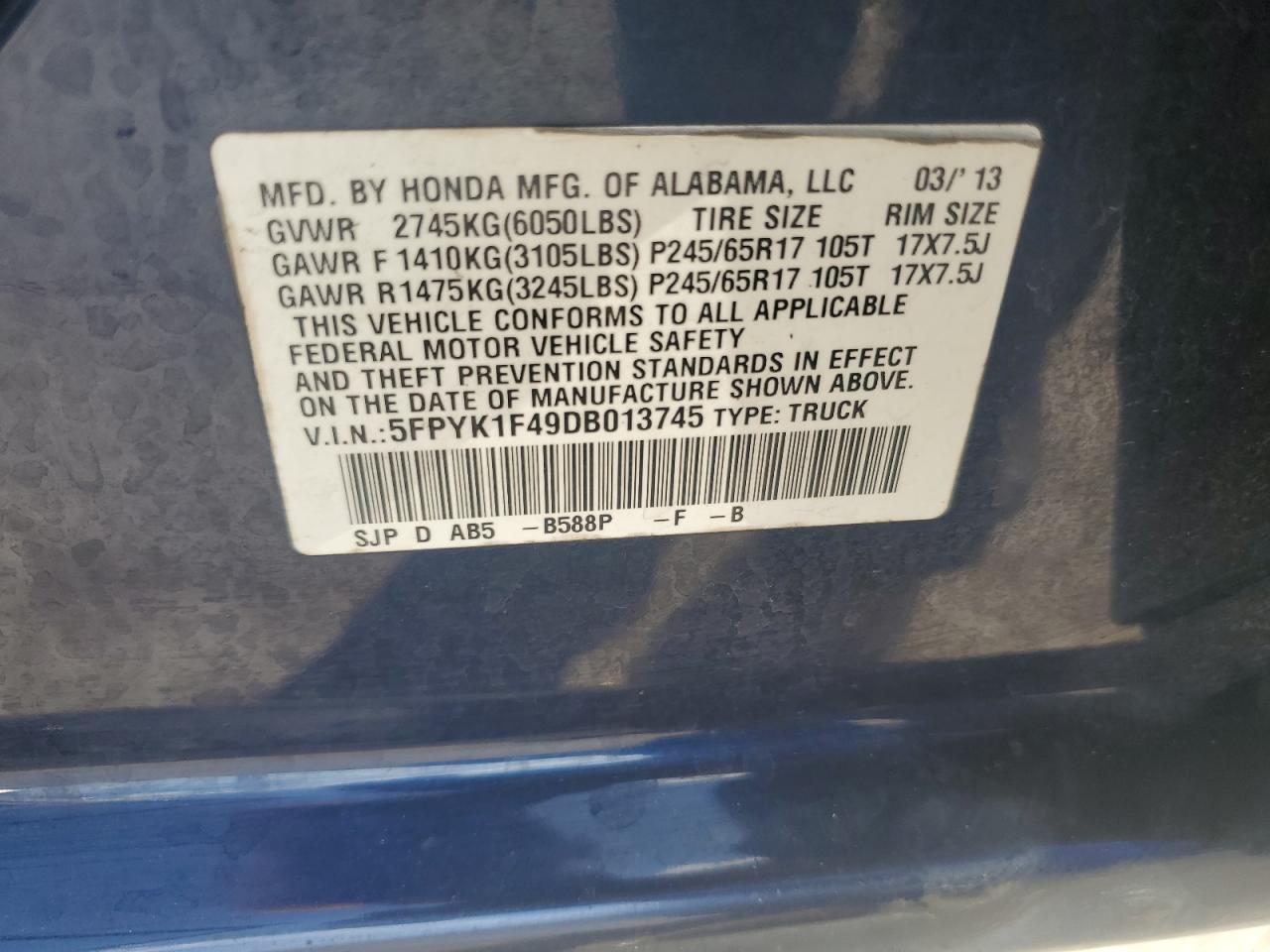 2013 Honda Ridgeline Rts VIN: 5FPYK1F49DB013745 Lot: 82260725