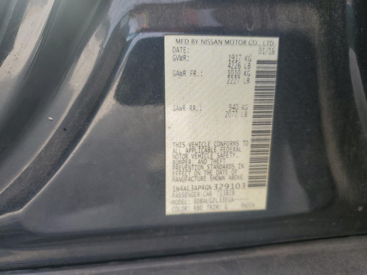 2016 Nissan Altima 2.5 VIN: 1N4AL3AP4GN329103 Lot: 82320825