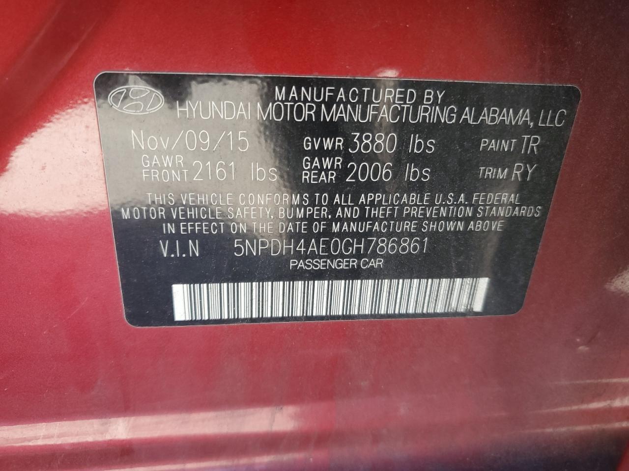 2016 Hyundai Elantra Se VIN: 5NPDH4AE0GH786861 Lot: 86315385