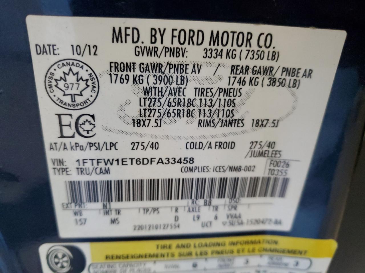 2013 Ford F150 Supercrew VIN: 1FTFW1ET6DFA33458 Lot: 89916795