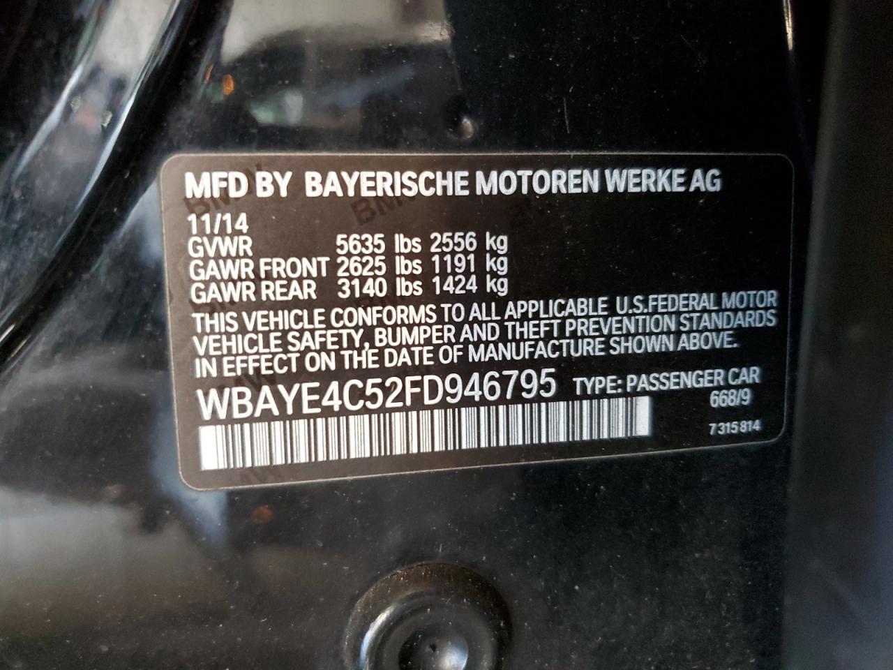 2015 BMW 740 Li VIN: WBAYE4C52FD946795 Lot: 87082185