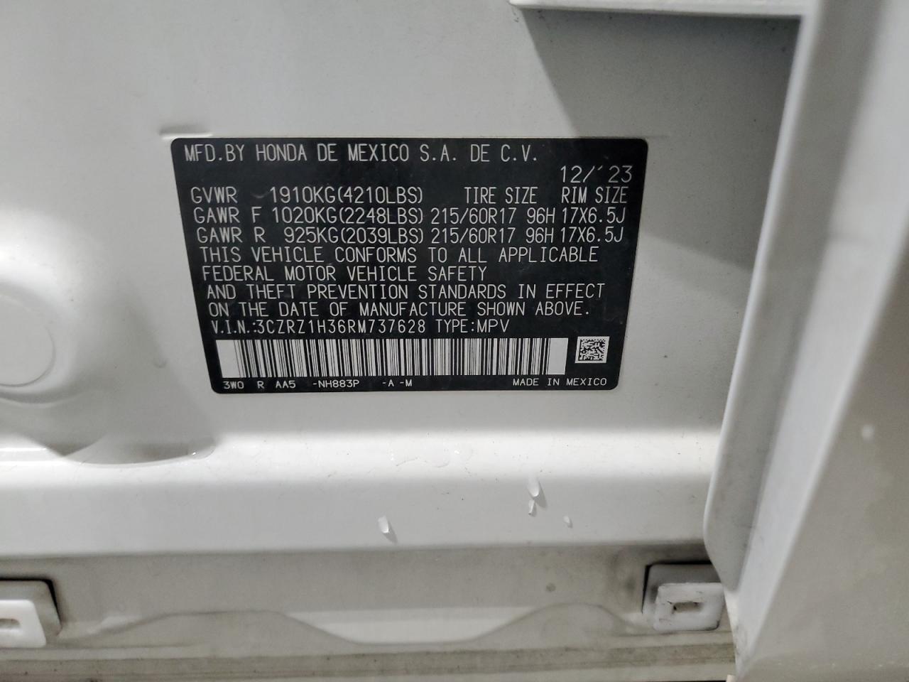 2024 Honda Hr-V Lx VIN: 3CZRZ1H36RM737628 Lot: 86443065