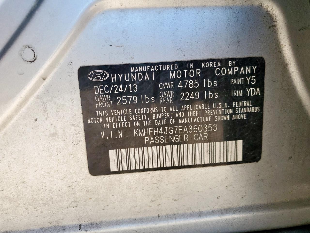 2014 Hyundai Azera Gls VIN: KMHFH4JG7EA360353 Lot: 86661025