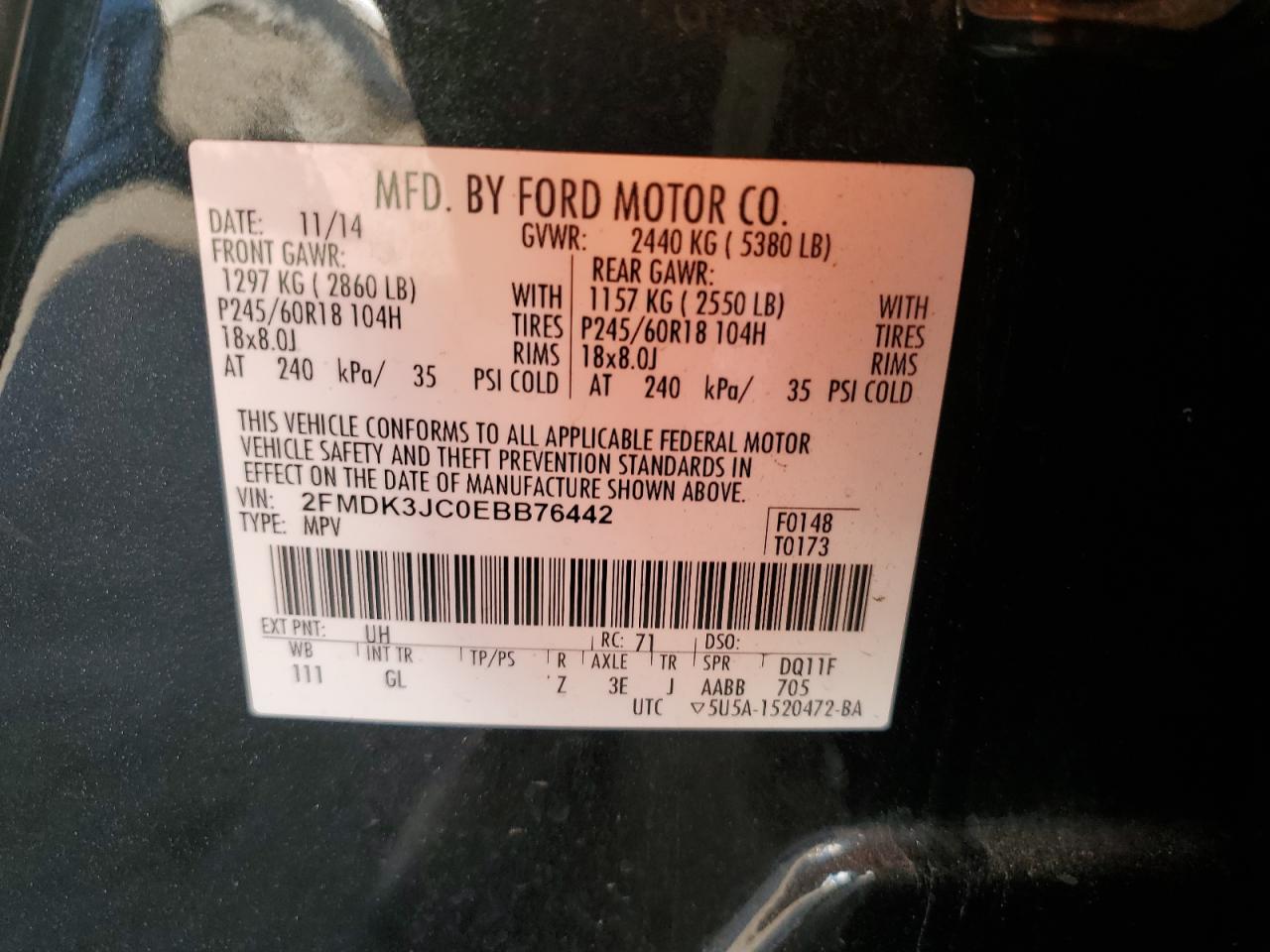 2014 Ford Edge Sel VIN: 2FMDK3JC0EBB76442 Lot: 82390595