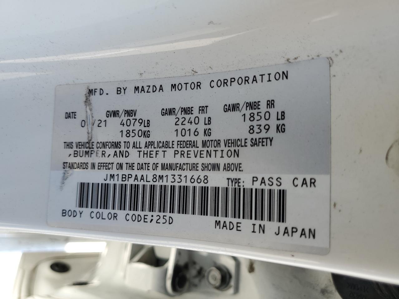 2021 Mazda 3 VIN: JM1BPAAL8M1331668 Lot: 82009625