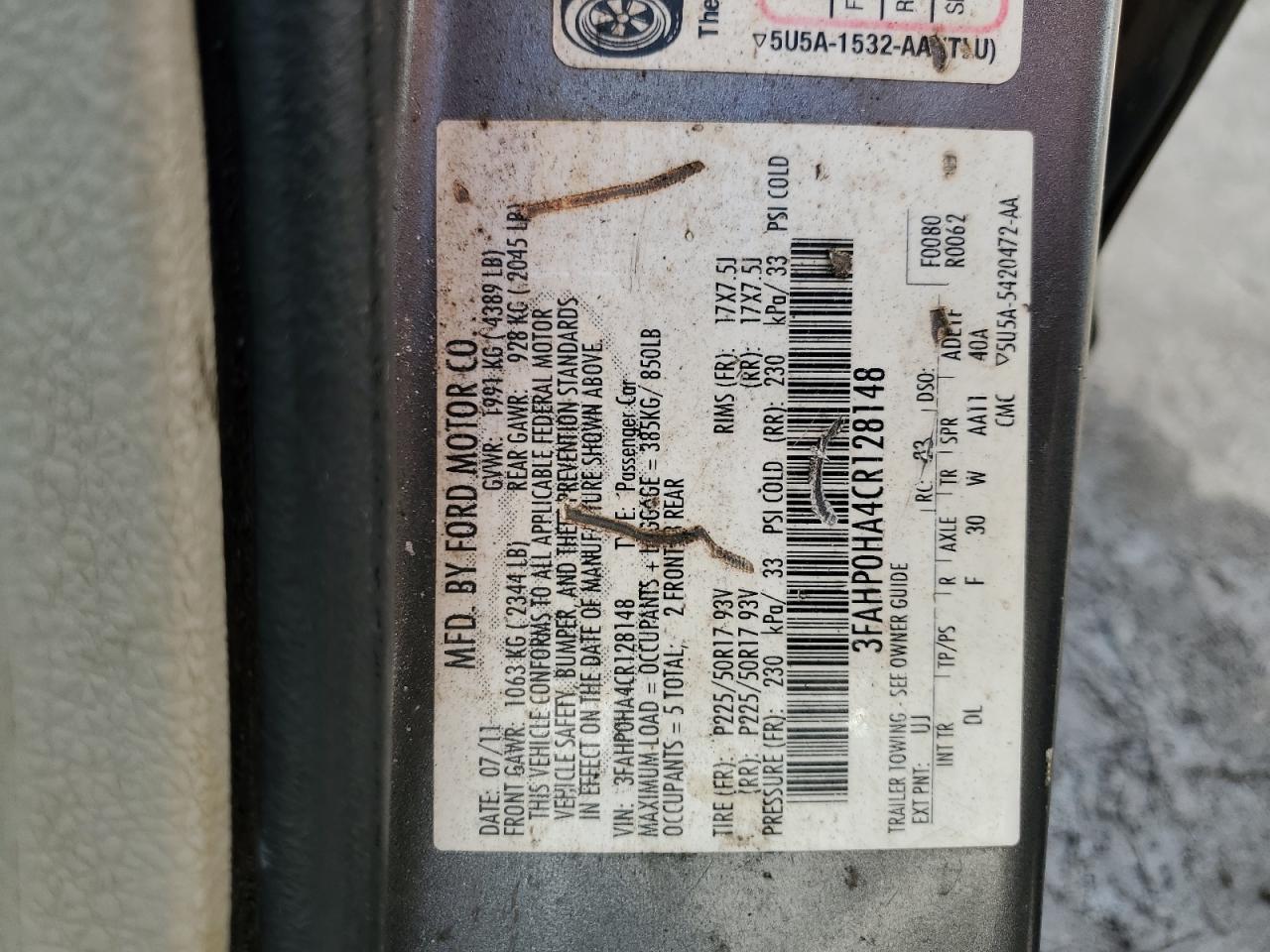 2012 Ford Fusion VIN: 3FAHP0HA4CR128148 Lot: 82297295