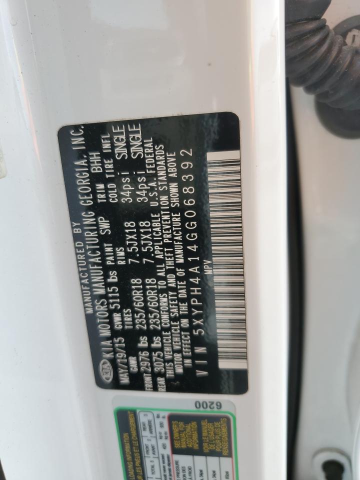 2016 Kia Sorento Ex VIN: 5XYPH4A14GG068392 Lot: 85382485