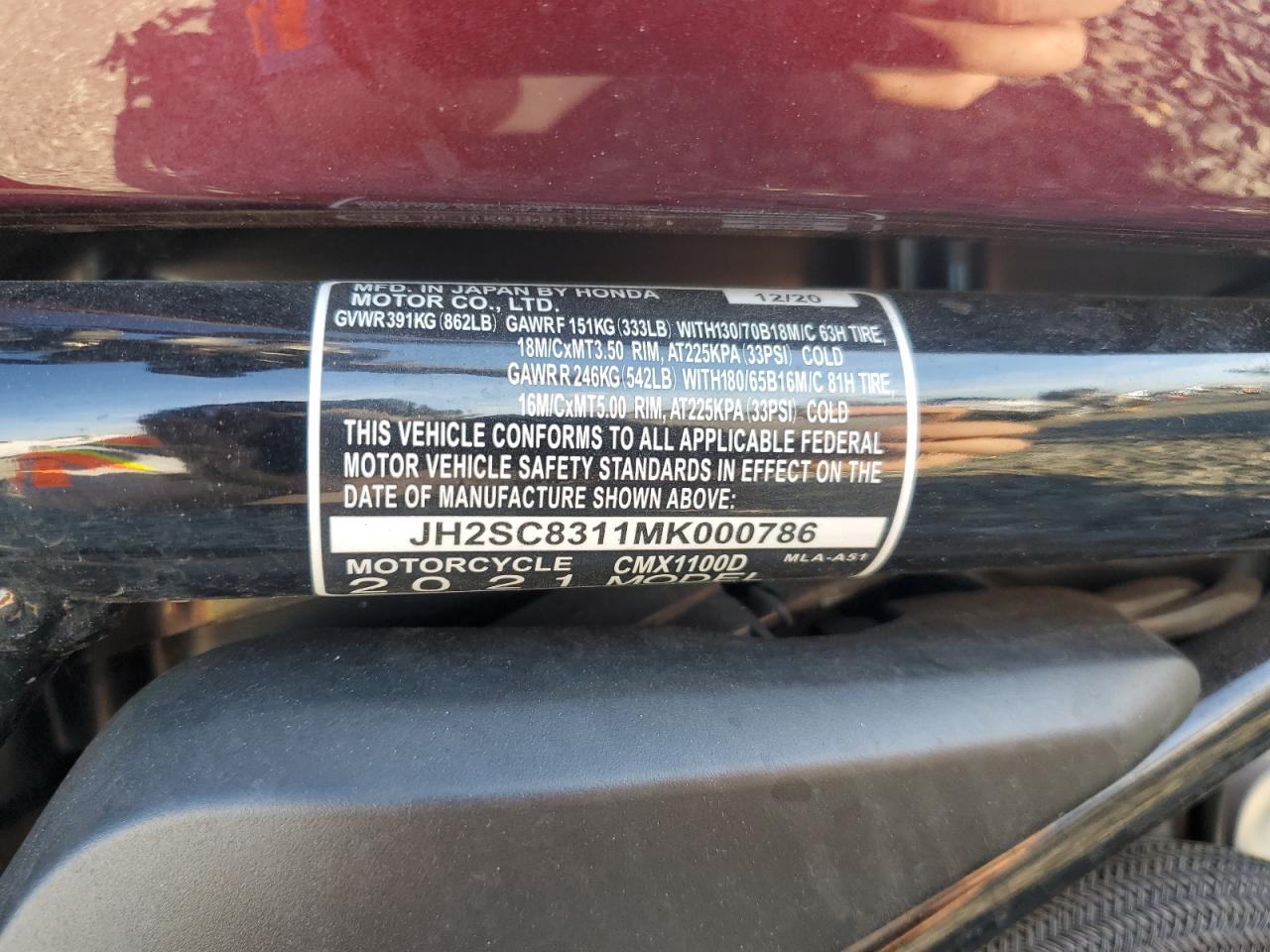 2021 Honda Cmx1100 D VIN: JH2SC8311MK000786 Lot: 82712885