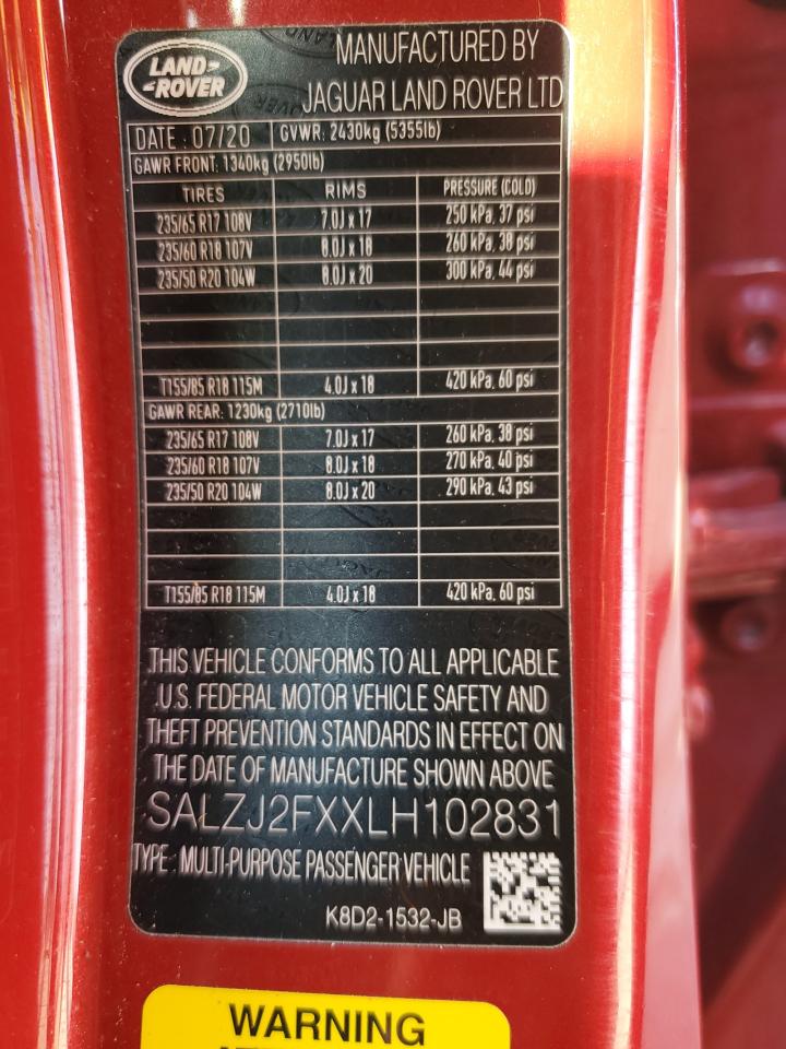 2020 Land Rover Range Rover Evoque S VIN: SALZJ2FXXLH102831 Lot: 90614755