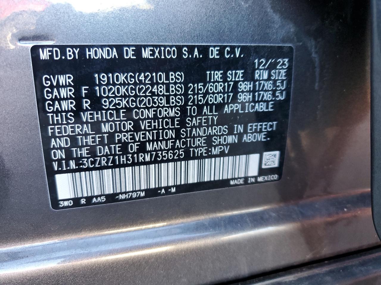 2024 Honda Hr-V Lx VIN: 3CZRZ1H31RM735625 Lot: 85853535