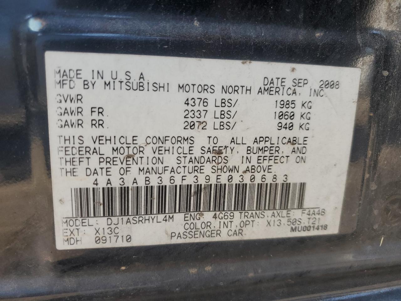 2009 Mitsubishi Galant Es VIN: 4A3AB36F39E030683 Lot: 87019735