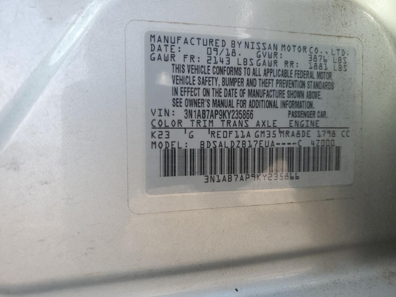 2019 Nissan Sentra S VIN: 3N1AB7AP9KY235866 Lot: 84198825