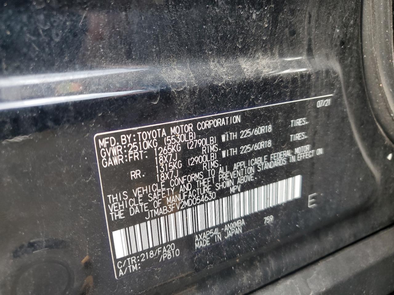2021 Toyota Rav4 Prime Se VIN: JTMAB3FV2MD054630 Lot: 86502165