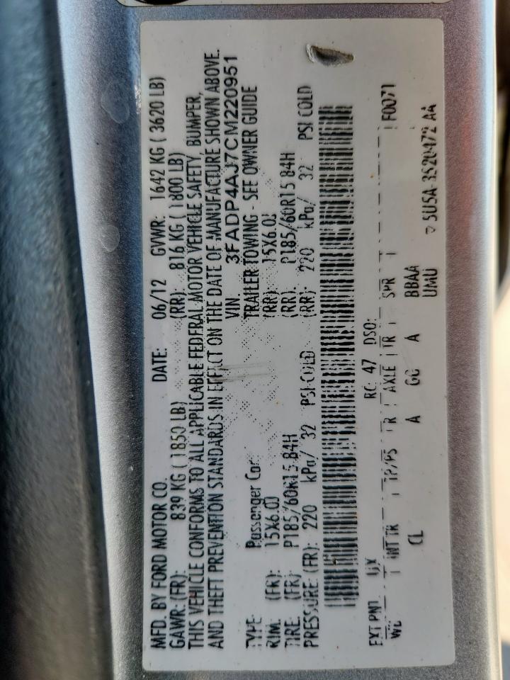 2012 Ford Fiesta S VIN: 3FADP4AJ7CM220951 Lot: 84737345