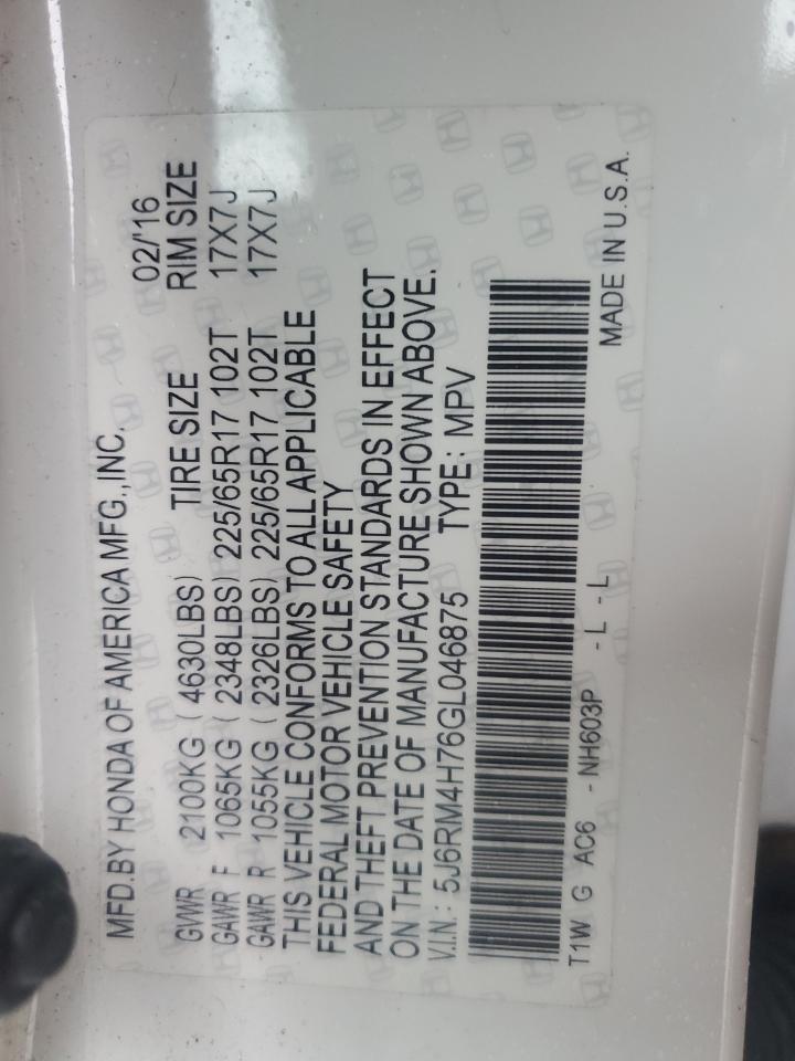 2016 Honda Cr-V Exl VIN: 5J6RM4H76GL046875 Lot: 86181575