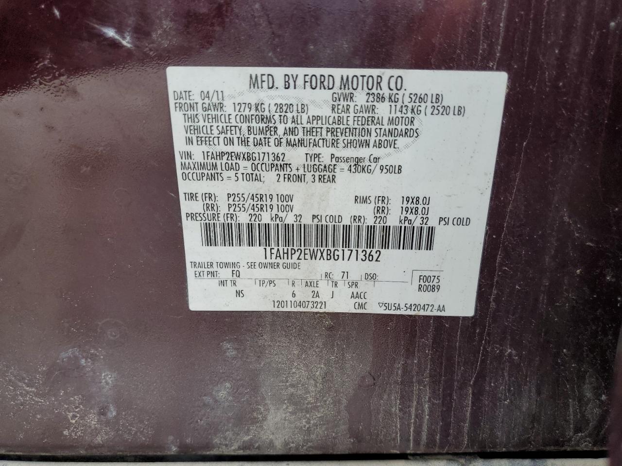 2011 Ford Taurus Sel VIN: 1FAHP2EWXBG171362 Lot: 85573495