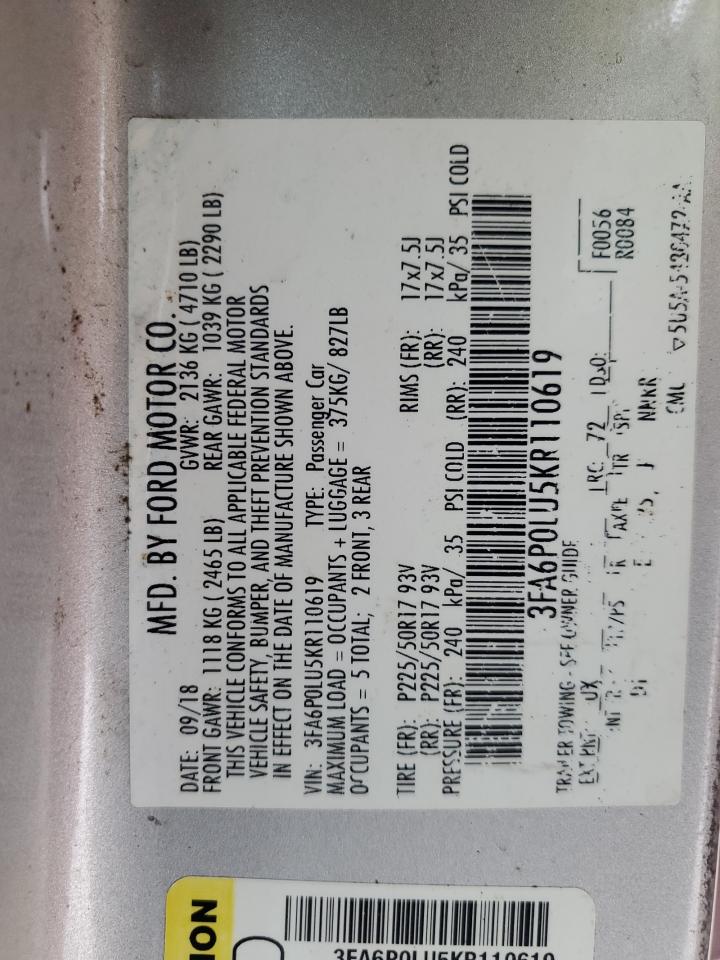 2019 Ford Fusion Se VIN: 3FA6P0LU5KR110619 Lot: 85672415