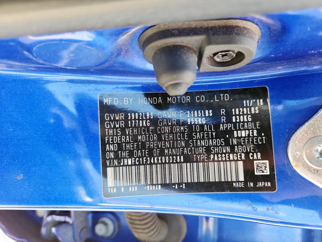 2019 Honda Civic Ex VIN: JHMFC1F34KX003288 Lot: 84653705