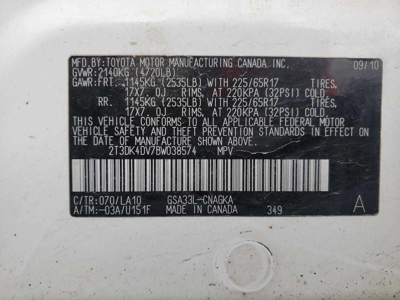 2011 Toyota Rav4 Limited VIN: 2T3DK4DV7BW038574 Lot: 82343665