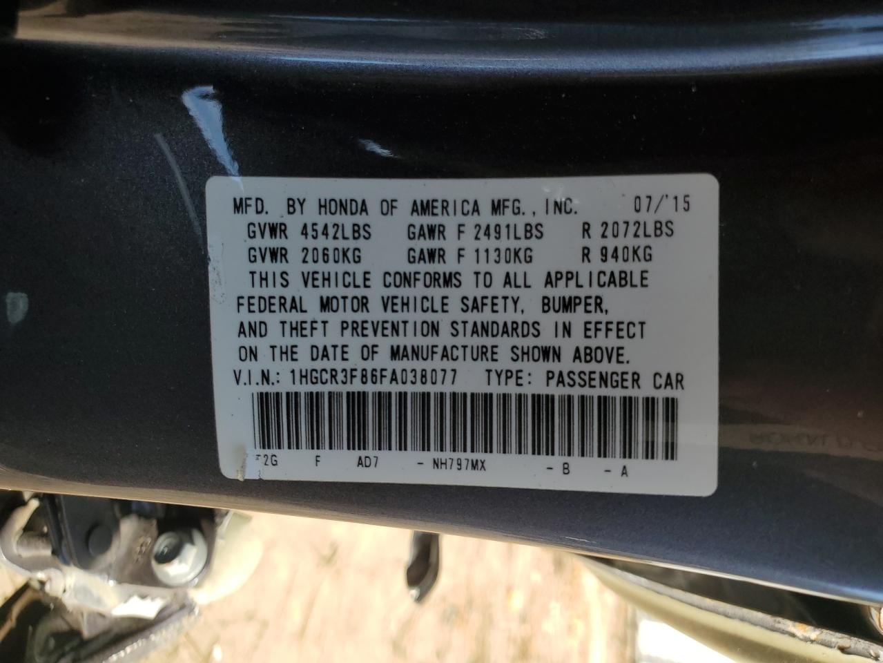 2015 Honda Accord Exl VIN: 1HGCR3F86FA038077 Lot: 84622985