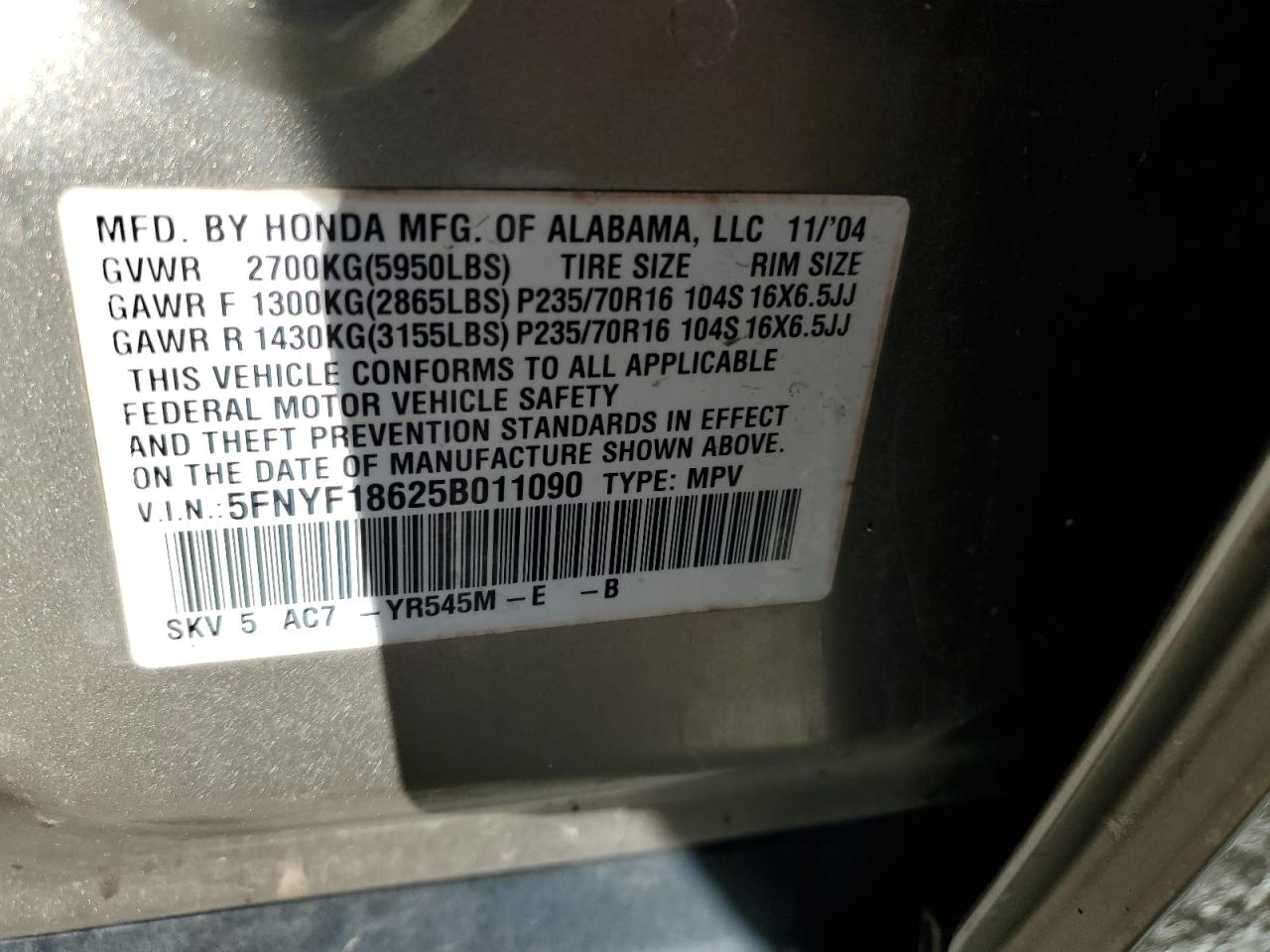 2005 Honda Pilot Exl VIN: 5FNYF18625B011090 Lot: 82444105