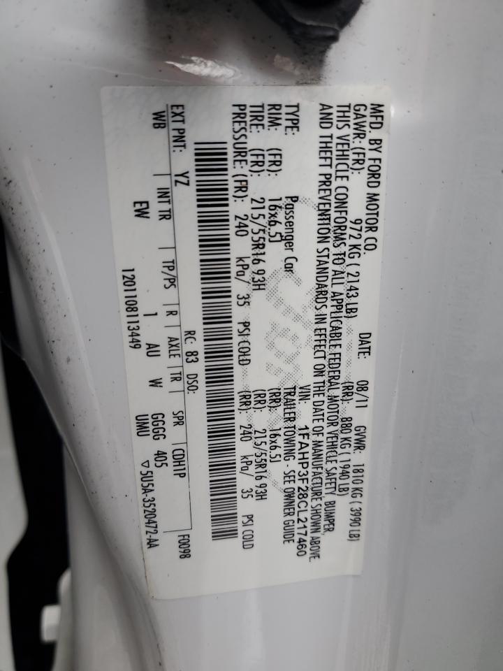 2012 Ford Focus Se VIN: 1FAHP3F28CL217460 Lot: 85305875