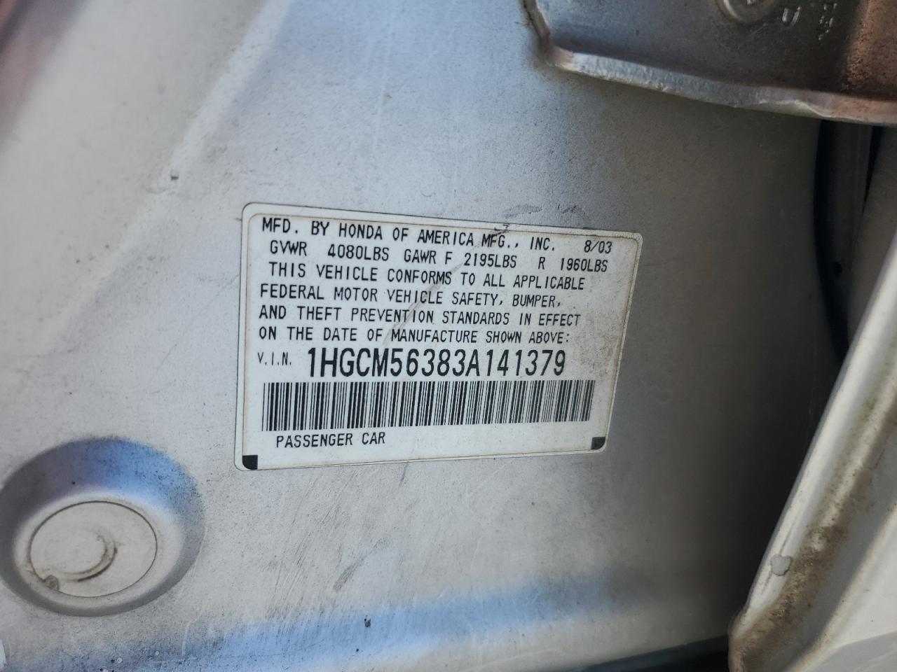 2003 Honda Accord Lx VIN: 1HGCM56383A141379 Lot: 86068215