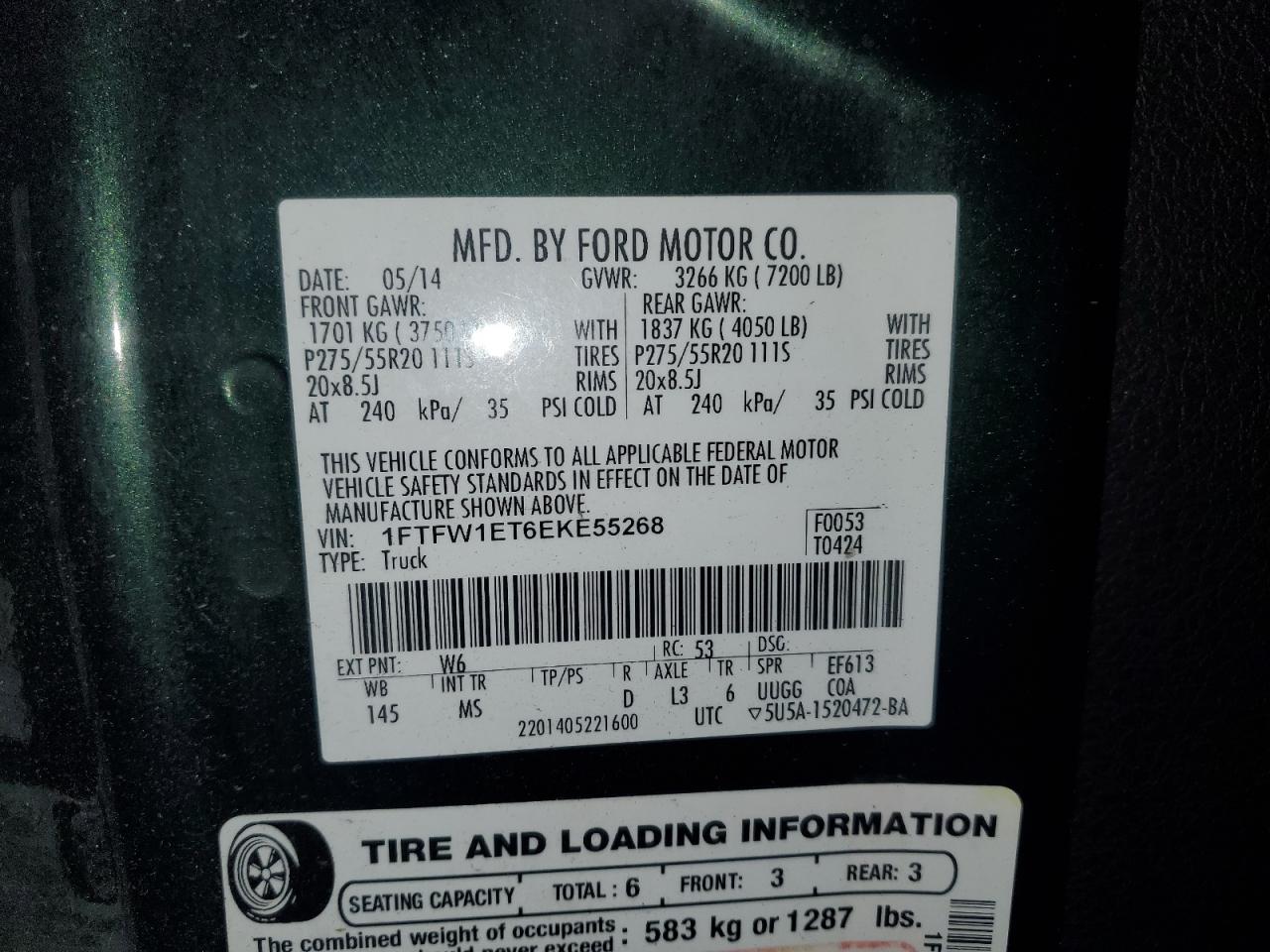 2014 Ford F150 Supercrew VIN: 1FTFW1ET6EKE55268 Lot: 90092515