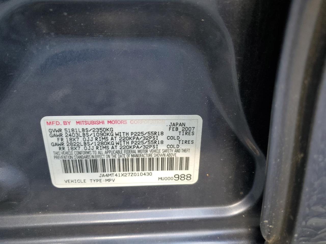 2007 Mitsubishi Outlander Xls VIN: JA4MT41X27Z010430 Lot: 89867045