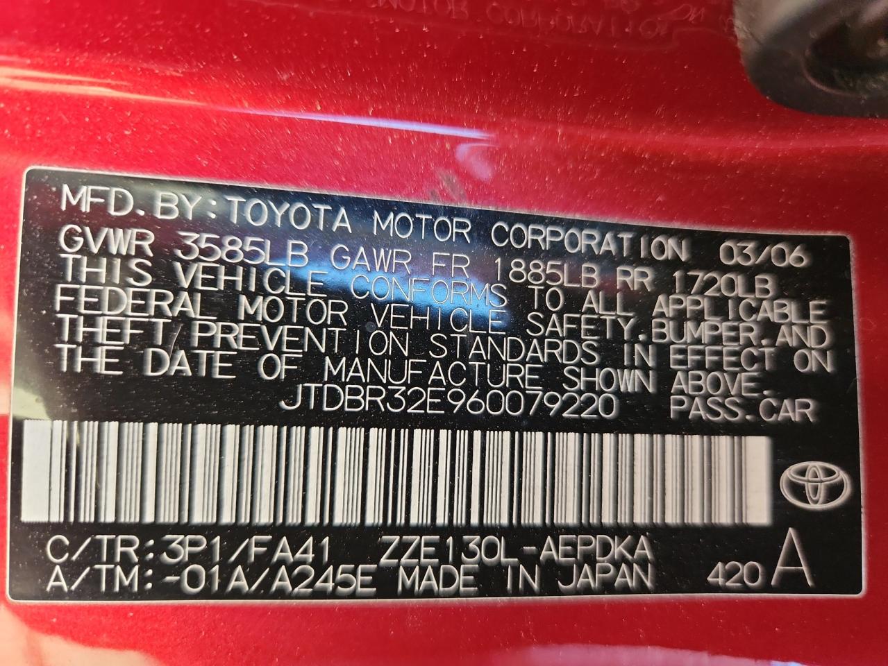 JTDBR32E960079220 2006 Toyota Corolla Ce