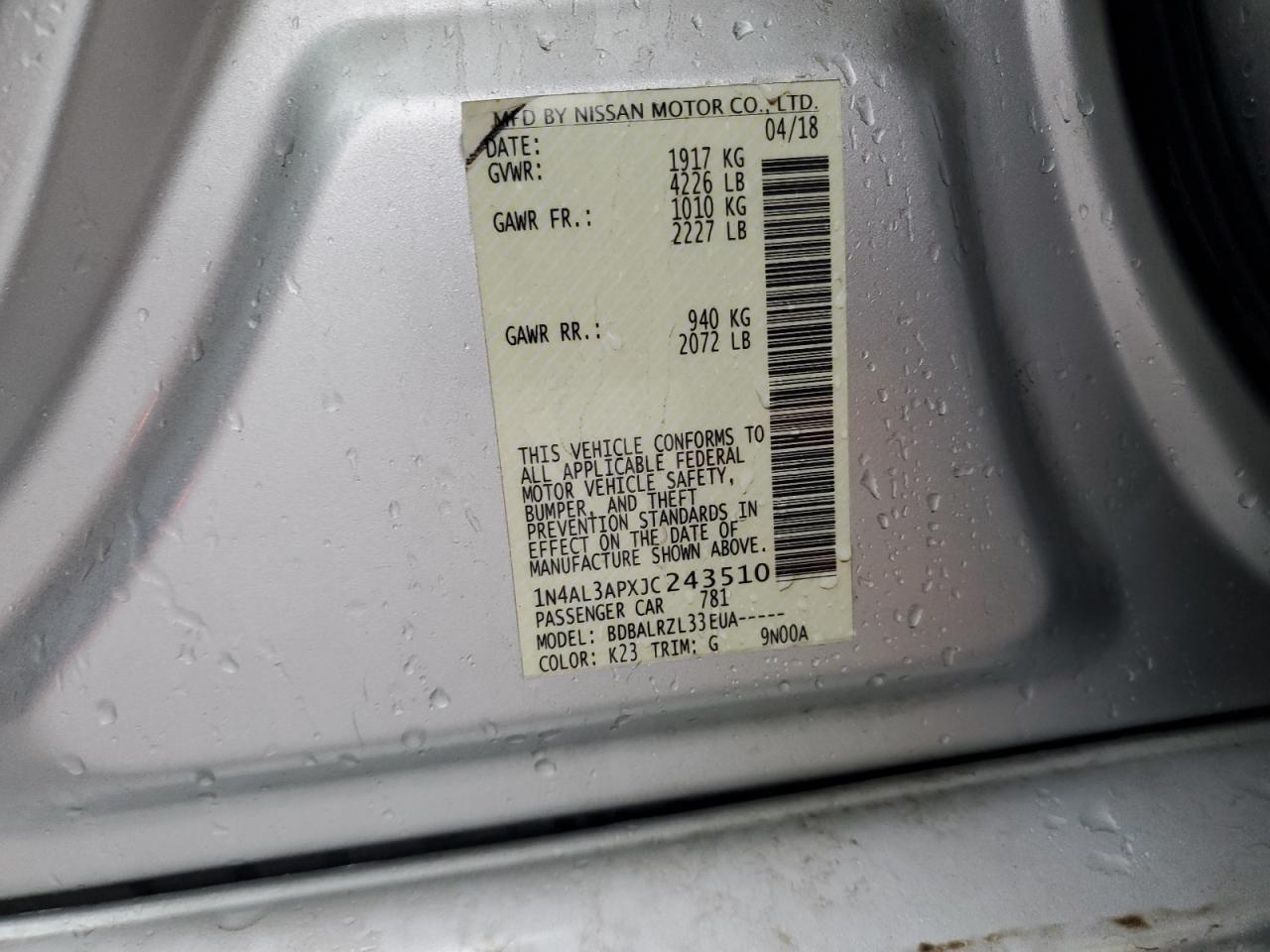 2018 Nissan Altima 2.5 VIN: 1N4AL3APXJC243510 Lot: 86148075