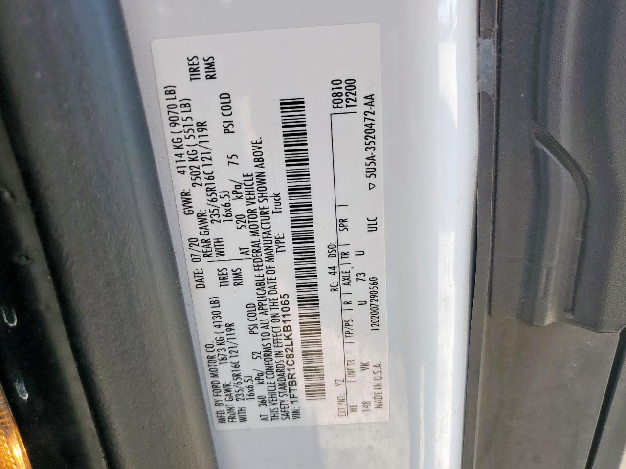 2020 Ford Transit T-250 VIN: 1FTBR1C82LKB11065 Lot: 86524705
