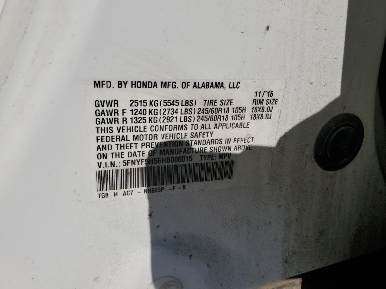 2017 Honda Pilot Exl VIN: 5FNYF5H56HB000015 Lot: 84832225