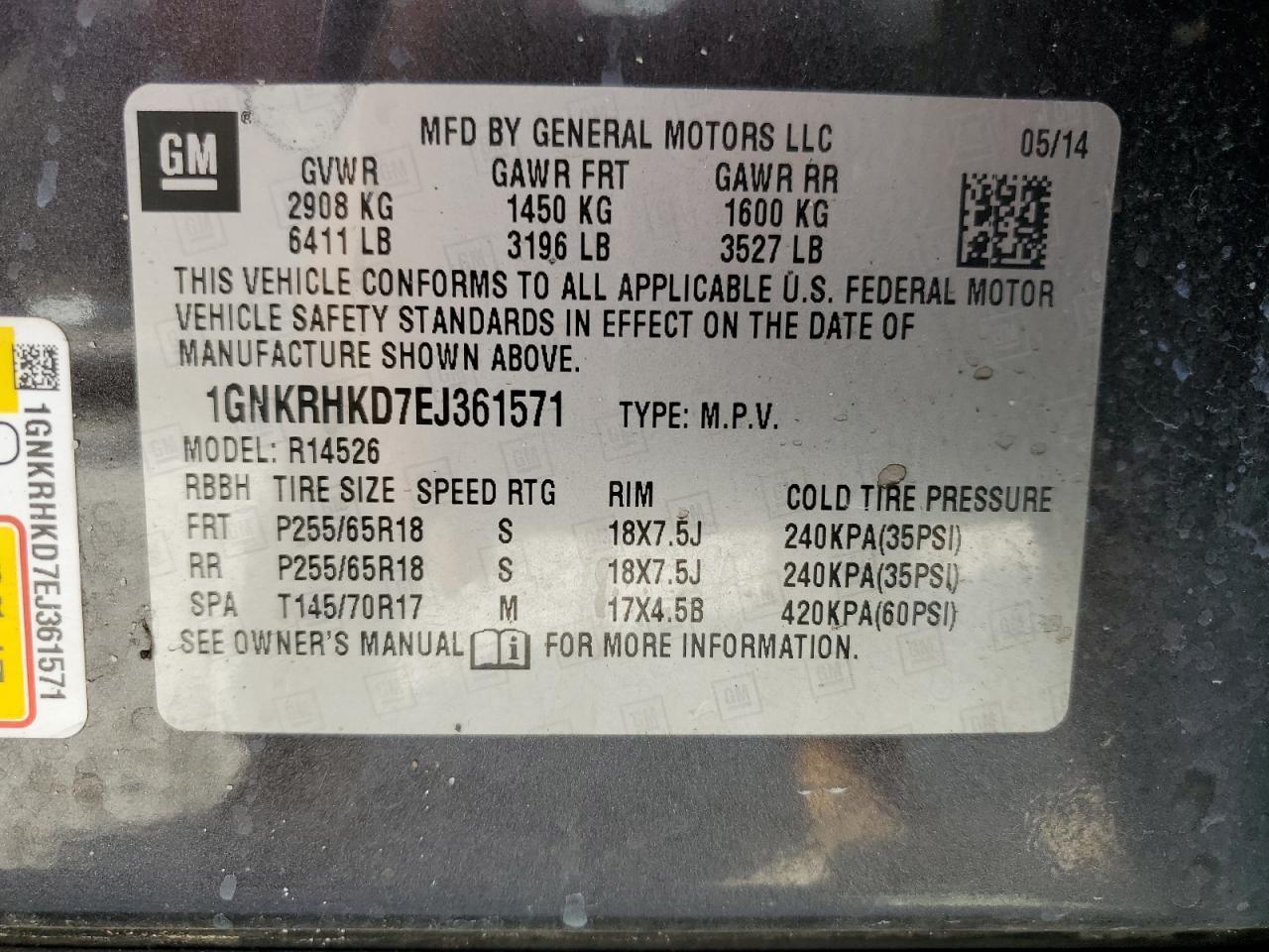 2014 Chevrolet Traverse Lt VIN: 1GNKRHKD7EJ361571 Lot: 85197515
