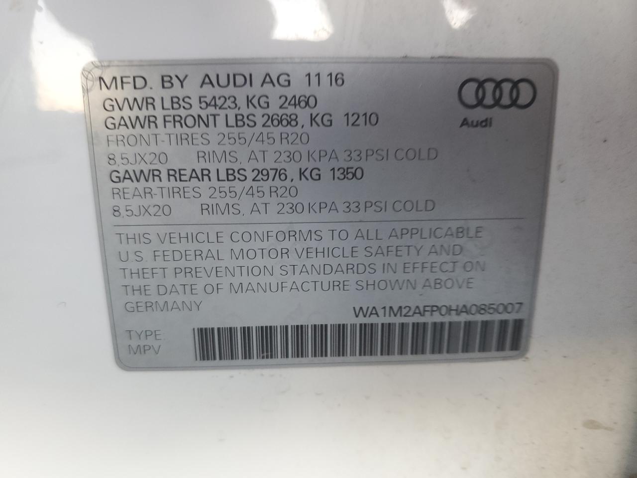 2017 Audi Q5 Premium Plus VIN: WA1M2AFP0HA085007 Lot: 87288865