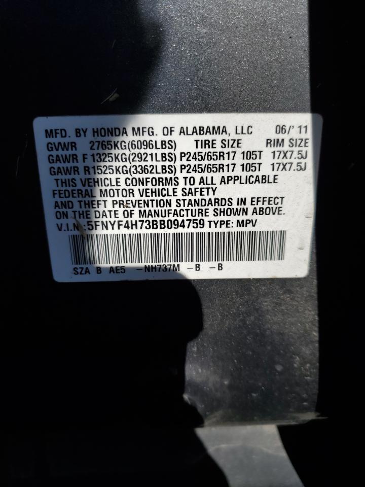 2011 Honda Pilot Exln VIN: 5FNYF4H73BB094759 Lot: 86141725