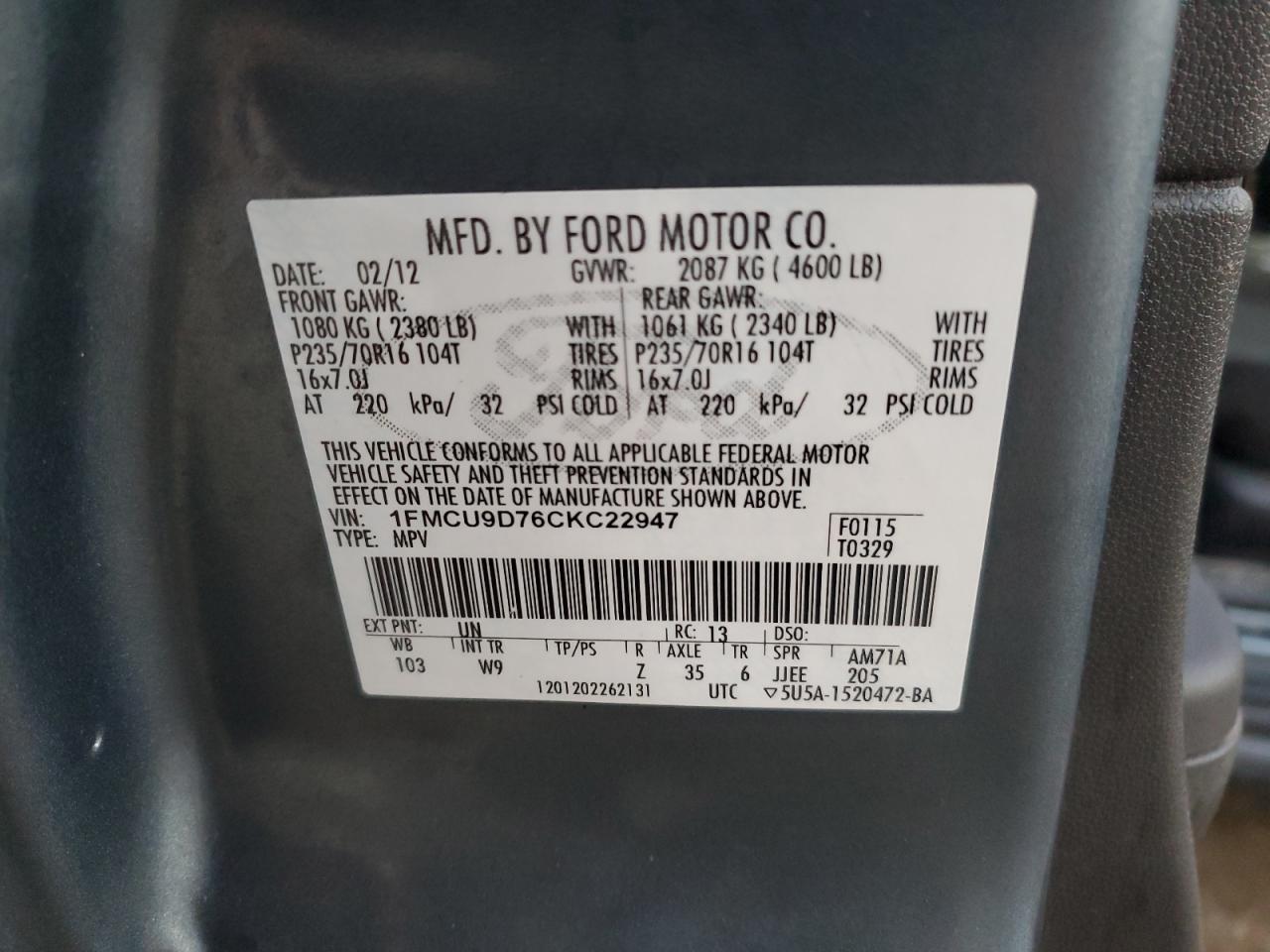 2012 Ford Escape Xlt VIN: 1FMCU9D76CKC22947 Lot: 85276515