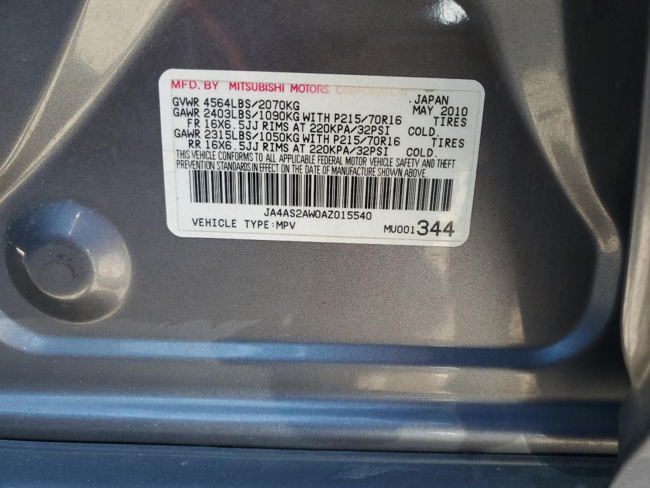 2010 Mitsubishi Outlander Es VIN: JA4AS2AW0AZ015540 Lot: 90545305