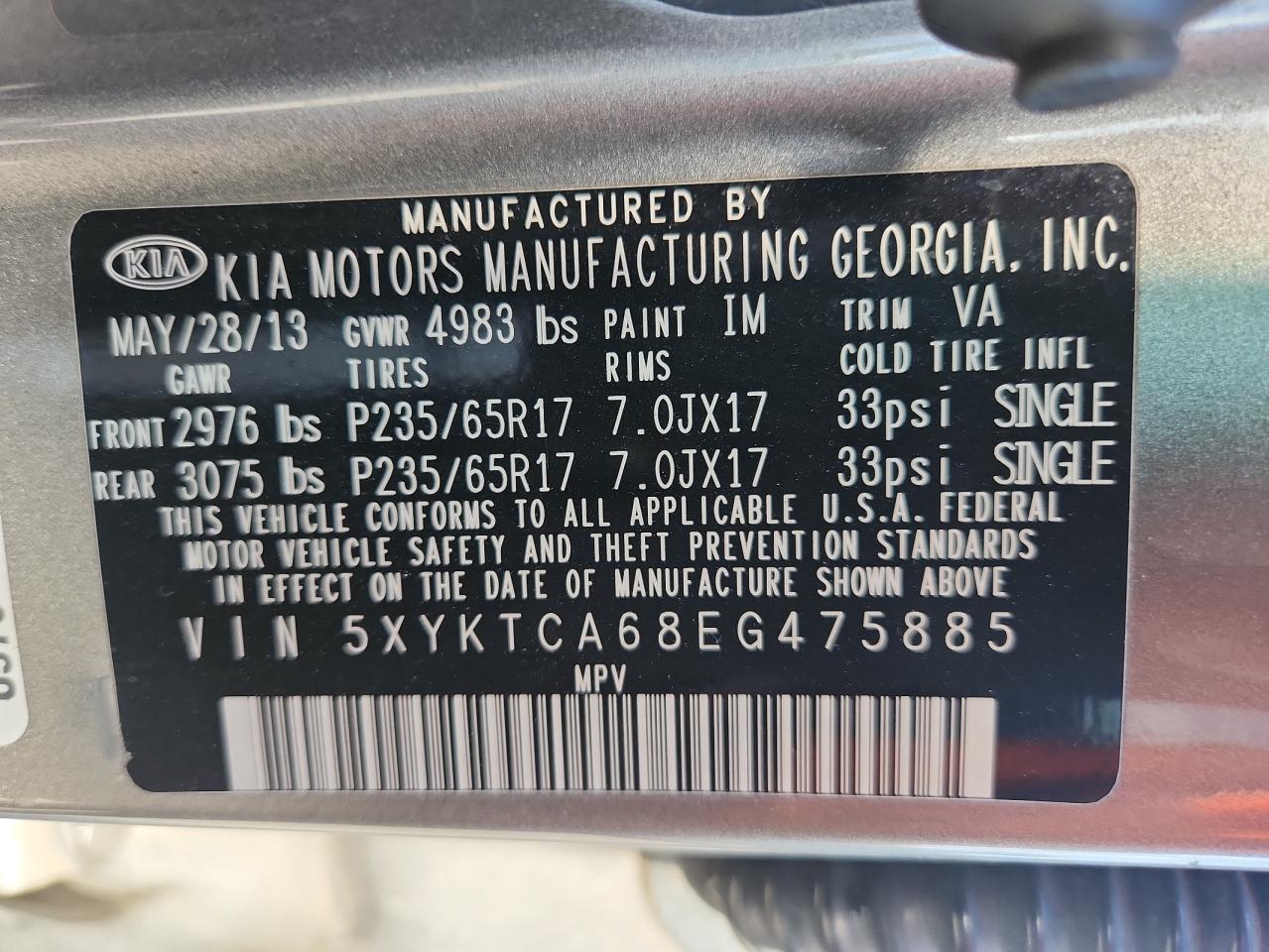 2014 Kia Sorento Lx VIN: 5XYKTCA68EG475885 Lot: 86120185