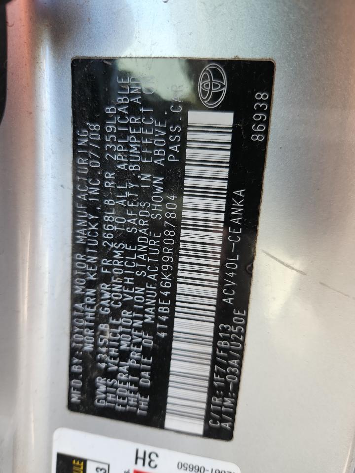 2009 Toyota Camry Base VIN: 4T4BE46K99R087804 Lot: 85768695